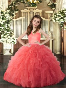 Straps Sleeveless Pageant Gowns For Girls Floor Length Ruffles Coral Red Tulle