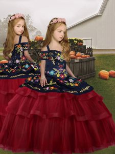 High Quality Straps Sleeveless Girls Pageant Dresses Floor Length Embroidery and Ruffled Layers Red Tulle