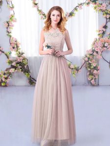 Popular Tulle Scoop Sleeveless Side Zipper Lace and Belt Quinceanera Court of Honor Dress in Pink