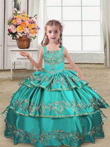 Floor Length Ball Gowns Sleeveless Turquoise Little Girl Pageant Gowns Lace Up