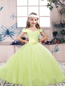 Tulle Off The Shoulder Sleeveless Lace Up Lace and Belt Kids Pageant Dress in Yellow Green