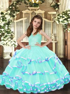 Aqua Blue Sleeveless Ruffled Layers Floor Length Little Girl Pageant Dress