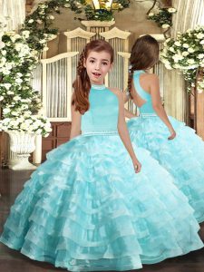 Ball Gowns Pageant Gowns For Girls Aqua Blue Halter Top Organza Sleeveless Floor Length Backless