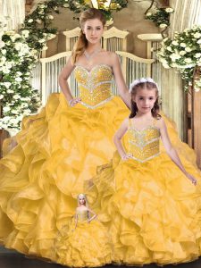Gold Vestidos de Quinceanera Sweet 16 and Quinceanera with Beading and Ruffles Sweetheart Sleeveless Lace Up