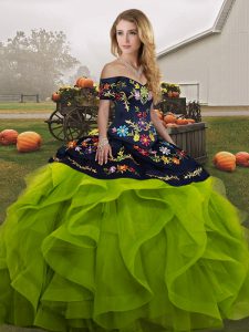 Luxurious Yellow Green Ball Gowns Tulle Off The Shoulder Sleeveless Embroidery and Ruffles Floor Length Lace Up 15 Quinceanera Dress