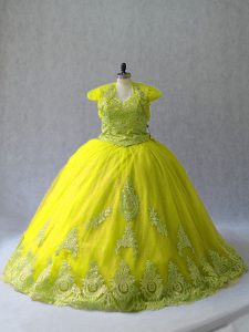 Tulle Sweetheart Sleeveless Court Train Lace Up Appliques Sweet 16 Dresses in Yellow Green