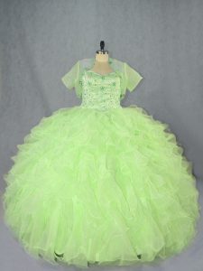 Sophisticated Sleeveless Floor Length Beading and Ruffles Lace Up Sweet 16 Quinceanera Dress with Yellow Green