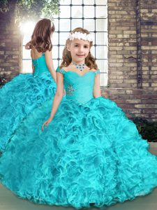 Best Aqua Blue Organza Lace Up Straps Sleeveless Floor Length Little Girls Pageant Dress Wholesale Beading