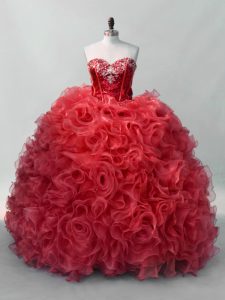 Glorious Red Lace Up Sweetheart Sequins Vestidos de Quinceanera Organza Sleeveless