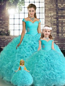 Glamorous Aqua Blue Lace Up Off The Shoulder Beading 15 Quinceanera Dress Fabric With Rolling Flowers Sleeveless