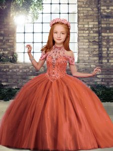 Sleeveless Floor Length Beading Lace Up Child Pageant Dress with Rust Red