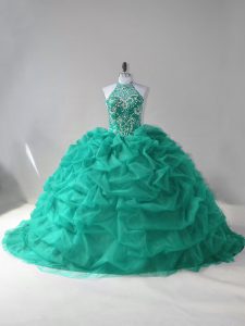 Romantic Court Train Ball Gowns Vestidos de Quinceanera Turquoise Halter Top Tulle Sleeveless Lace Up