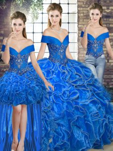 Sleeveless Floor Length Beading and Ruffles Lace Up Quinceanera Dress with Royal Blue