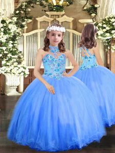 Fashionable Blue Halter Top Lace Up Appliques Child Pageant Dress Sleeveless