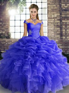 Ball Gowns Sweet 16 Dresses Blue Off The Shoulder Organza Sleeveless Floor Length Lace Up