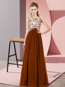 Sleeveless Floor Length Beading and Appliques Zipper Damas Dress with Brown