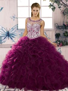 Sweet Sleeveless Floor Length Beading and Ruffles Lace Up Quinceanera Gowns with Dark Purple