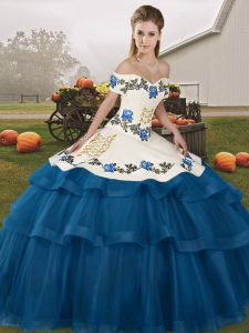 Sleeveless Tulle Brush Train Lace Up Sweet 16 Dress in Blue with Embroidery and Ruffled Layers