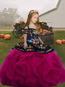 Custom Designed Sleeveless Lace Up Floor Length Embroidery and Ruffles Kids Formal Wear