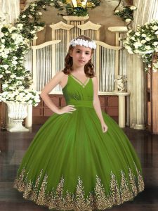 Floor Length Zipper Pageant Gowns For Girls Olive Green for Party and Wedding Party with Appliques