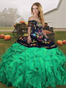Sleeveless Organza Floor Length Lace Up 15 Quinceanera Dress in Green with Embroidery and Ruffles