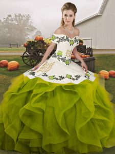 Flirting Olive Green Off The Shoulder Neckline Embroidery and Ruffles Quince Ball Gowns Sleeveless Lace Up