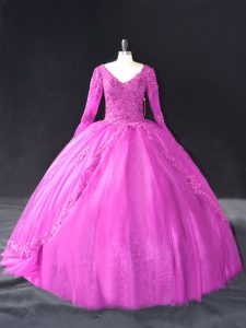Tulle V-neck Long Sleeves Lace Up Lace and Appliques 15th Birthday Dress in Fuchsia