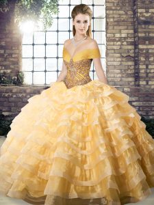 Gold Sweet 16 Quinceanera Dress Off The Shoulder Sleeveless Brush Train Lace Up