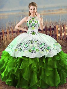 Excellent Green Lace Up Quinceanera Gown Embroidery and Ruffles Sleeveless Floor Length