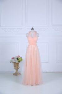Luxurious Peach Empire Halter Top Sleeveless Tulle Floor Length Zipper Ruching Damas Dress