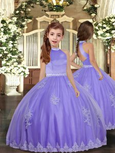 Sleeveless Tulle Floor Length Backless Little Girls Pageant Gowns in Lavender with Appliques