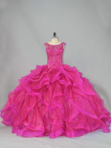 Free and Easy Sleeveless Organza Brush Train Lace Up 15th Birthday Dress in Hot Pink with Beading and Ruffles