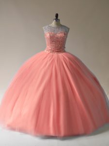 Floor Length Peach Quinceanera Gowns Scoop Sleeveless Lace Up