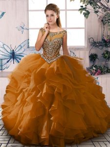 Custom Designed Brown Vestidos de Quinceanera Sweet 16 and Quinceanera with Beading and Ruffles Scoop Sleeveless Lace Up