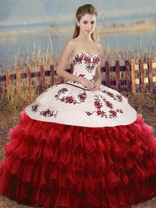 Fancy Floor Length White And Red Quinceanera Gown Organza Sleeveless Embroidery and Ruffled Layers and Bowknot