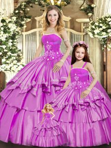 Taffeta Strapless Sleeveless Lace Up Beading and Ruffled Layers Sweet 16 Dress in Lilac