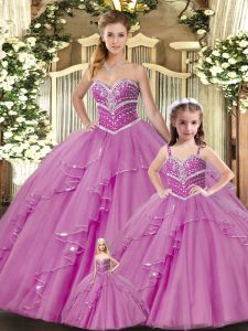 Clearance Lilac Ball Gowns Sweetheart Sleeveless Tulle Floor Length Lace Up Beading Quinceanera Gowns