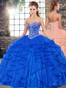 Classical Sleeveless Tulle Floor Length Lace Up Quinceanera Gown in Royal Blue with Beading and Ruffles