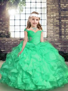 Exquisite Organza Straps Sleeveless Lace Up Embroidery and Ruffles and Ruching Kids Pageant Dress in Turquoise
