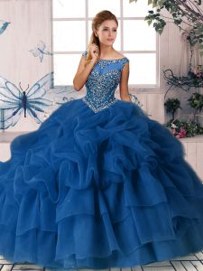 Sophisticated Sleeveless Beading and Pick Ups Zipper Quinceanera Dress with Royal Blue Brush Train