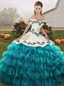 Graceful Sleeveless Organza Floor Length Lace Up Vestidos de Quinceanera in Teal with Embroidery and Ruffled Layers