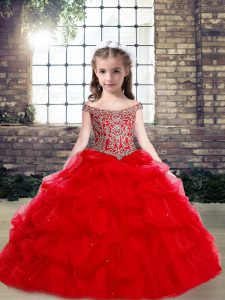 Glorious Red Sleeveless Organza and Tulle Lace Up Kids Formal Wear for Party and Military Ball and Wedding Party