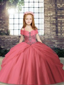 Affordable Floor Length Watermelon Red Girls Pageant Dresses Straps Sleeveless Lace Up