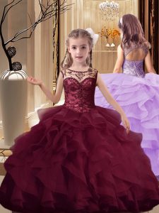 Burgundy Little Girls Pageant Dress Scoop Sleeveless Brush Train Lace Up