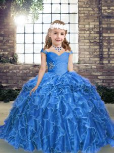 Organza Straps Sleeveless Lace Up Beading and Ruffles Little Girls Pageant Gowns in Blue
