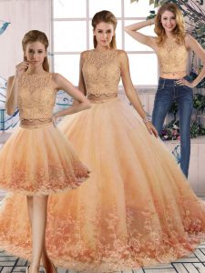 Peach Vestidos de Quinceanera Military Ball and Sweet 16 and Quinceanera with Lace Scalloped Sleeveless Sweep Train Backless