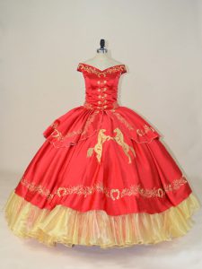 Red Off The Shoulder Lace Up Embroidery Quinceanera Dress Sleeveless