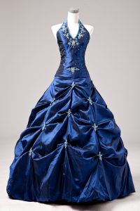 Smart Royal Blue Taffeta Lace Up Ball Gown Prom Dress Sleeveless Floor Length Appliques and Pick Ups