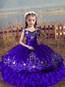 Elegant Sleeveless Satin and Organza Floor Length Lace Up Pageant Gowns For Girls in Purple with Embroidery and Ruffled Layers