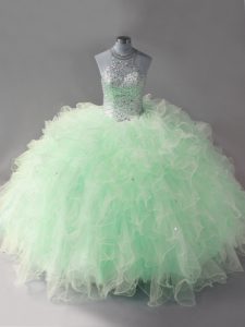 Low Price Mermaid Quinceanera Dresses Apple Green Halter Top Tulle Sleeveless Floor Length Lace Up